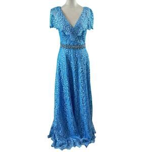 NWT Mac Duggal Blue Lace Ruffled Rhinestone Waist Maxi Gown Formal Prom Size 4